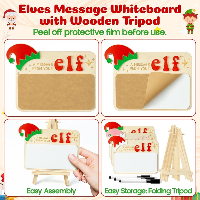 Eartim Christmas Elves Sign - 3Set Elves Message Board with Foldable Wood Tripod Easel Black Marker Dry Erase Whiteboard Home Table Decor Kids Birthday Christmas Gift Holiday Keepsake Xmas Party Favor - Image 4
